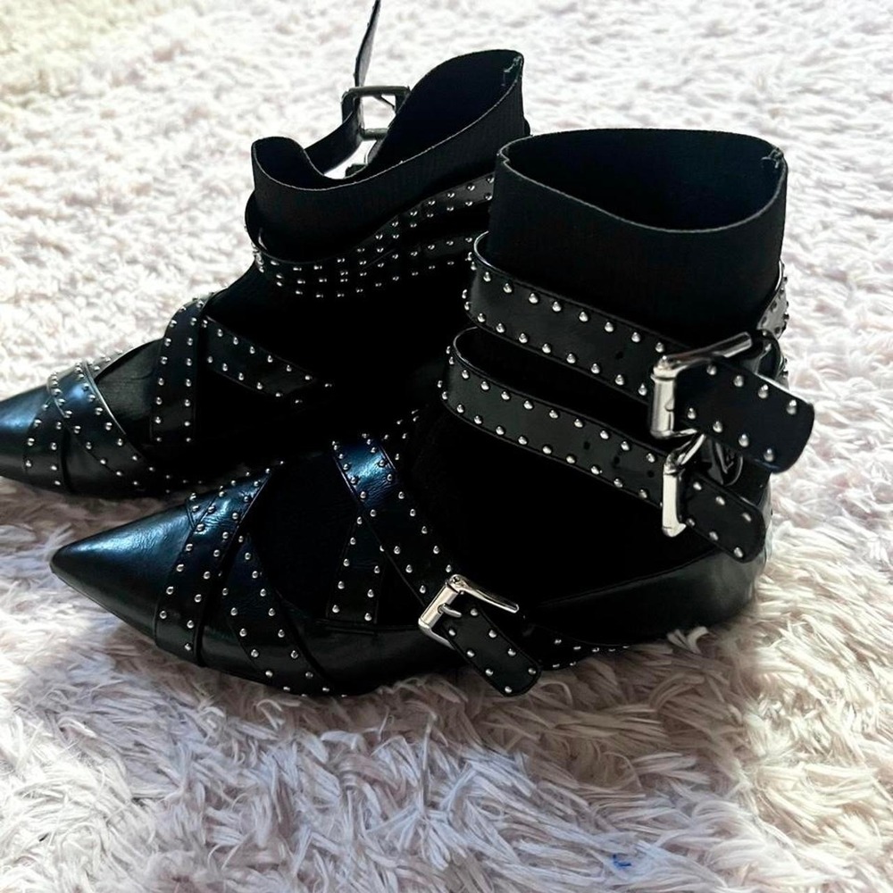 Zara Studded Buckle Flat Sock Pointed Ankle Boots Womens 8.5 Edgy Hipster Gothic